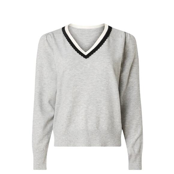 CeCe Gray Trim Oversized V-Neck Sweater SMALL Romantic Preppy Lightweight  $79 - Picture 3 of 9